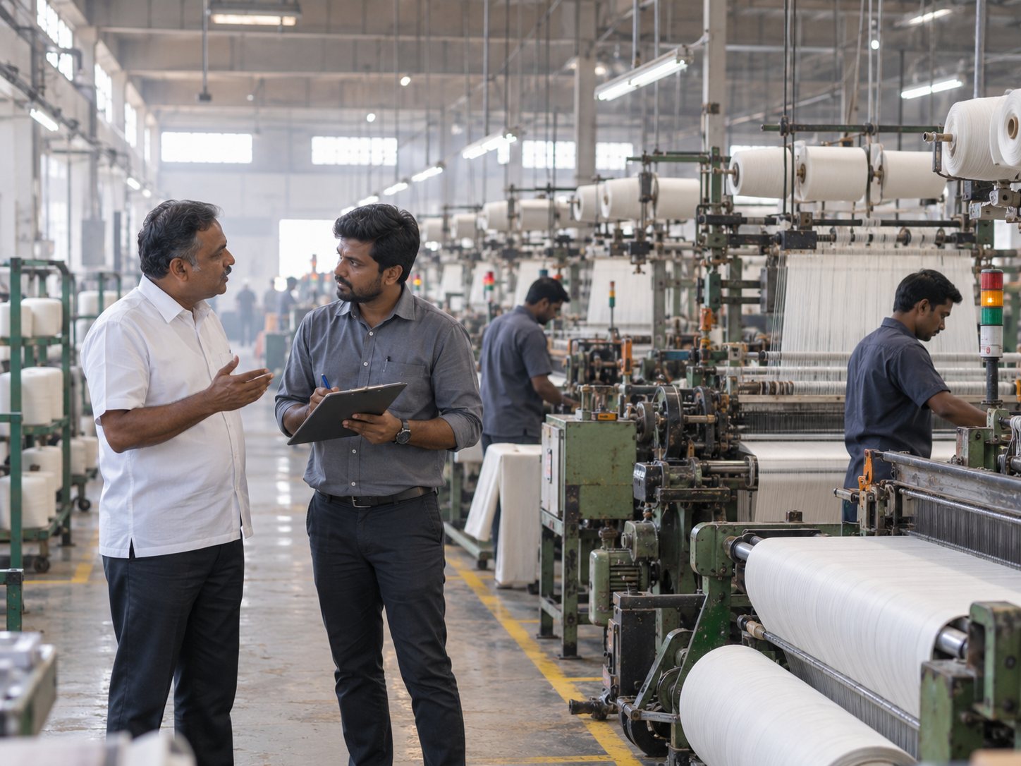 A mill owner overlooking running looms on a textile factory floor