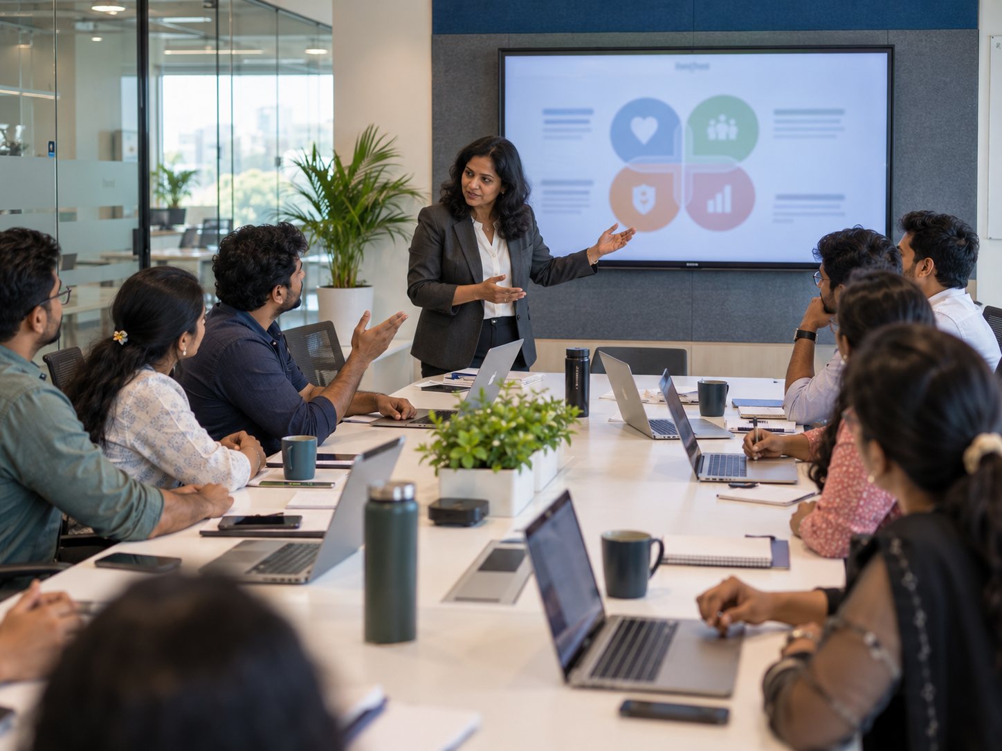 An HR manager briefing a small team in a modern Indian office
