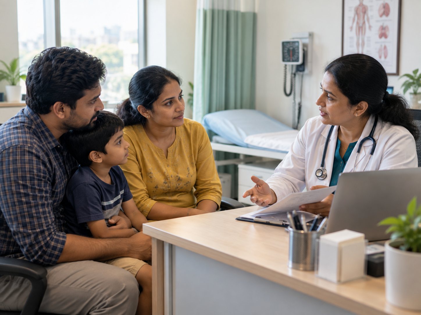 An Indian family with their doctor in a bright hospital consulting room