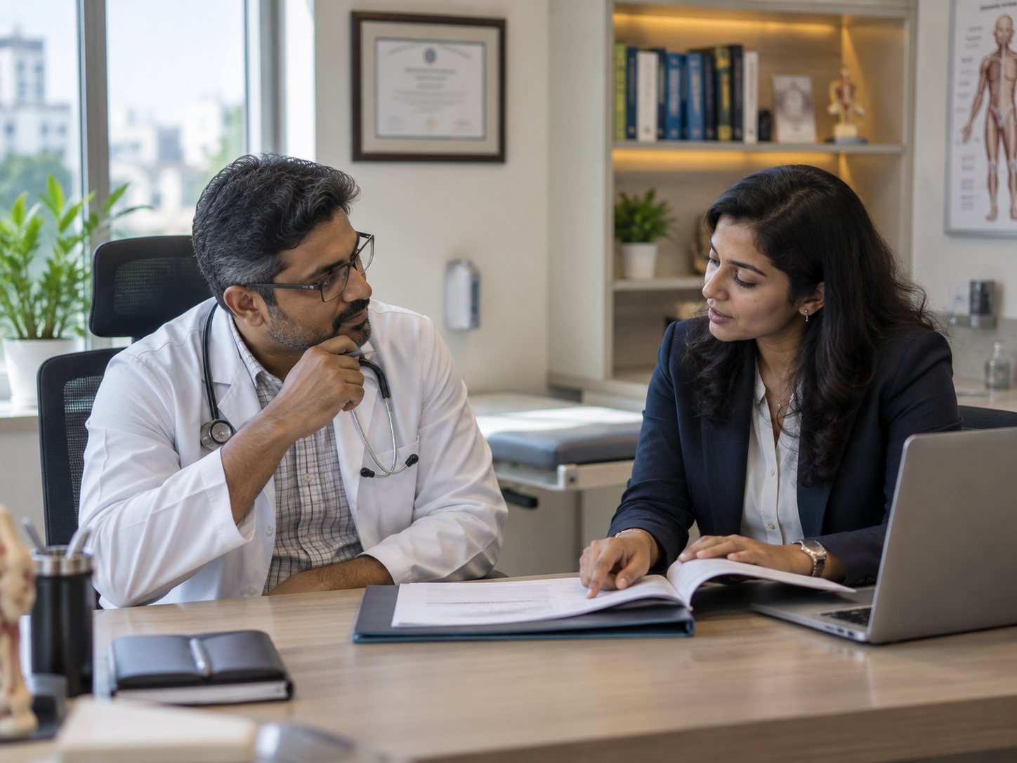 A doctor and a consultant reviewing professional documents in a clinic office
