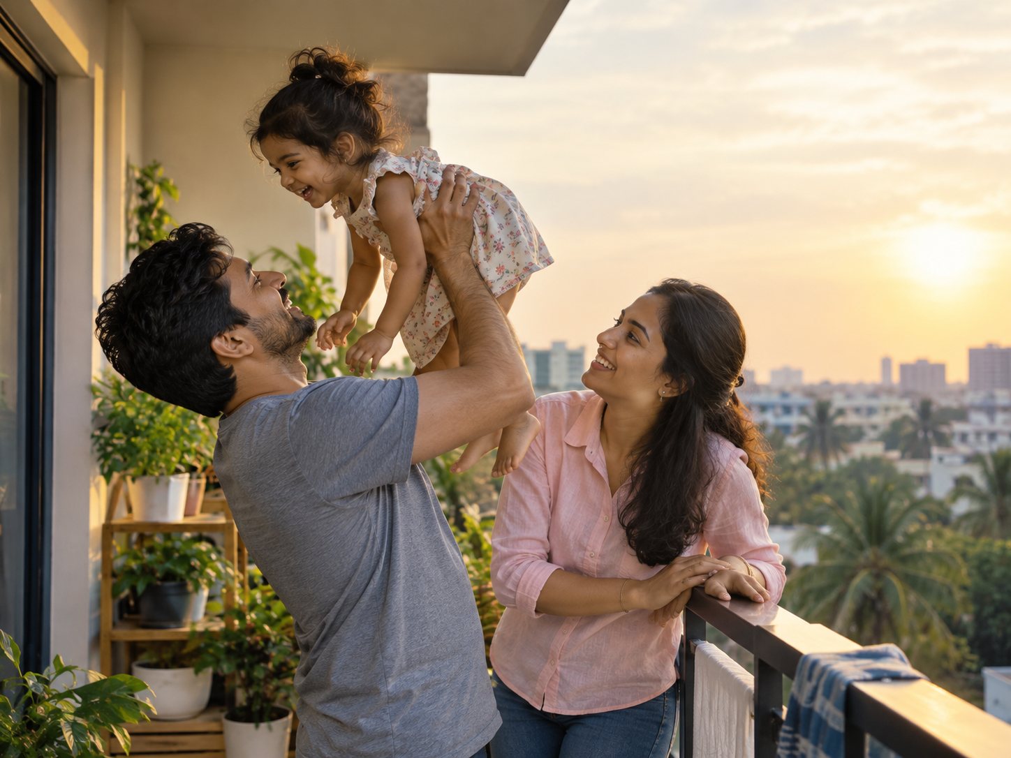 A young father holding his toddler at the doorway of their home, mother beside them