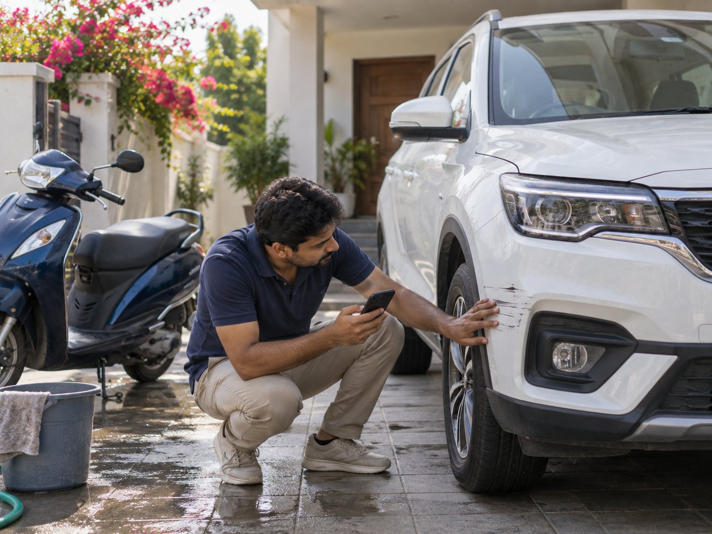 A family car and a two-wheeler parked in the driveway of a Tamil Nadu home