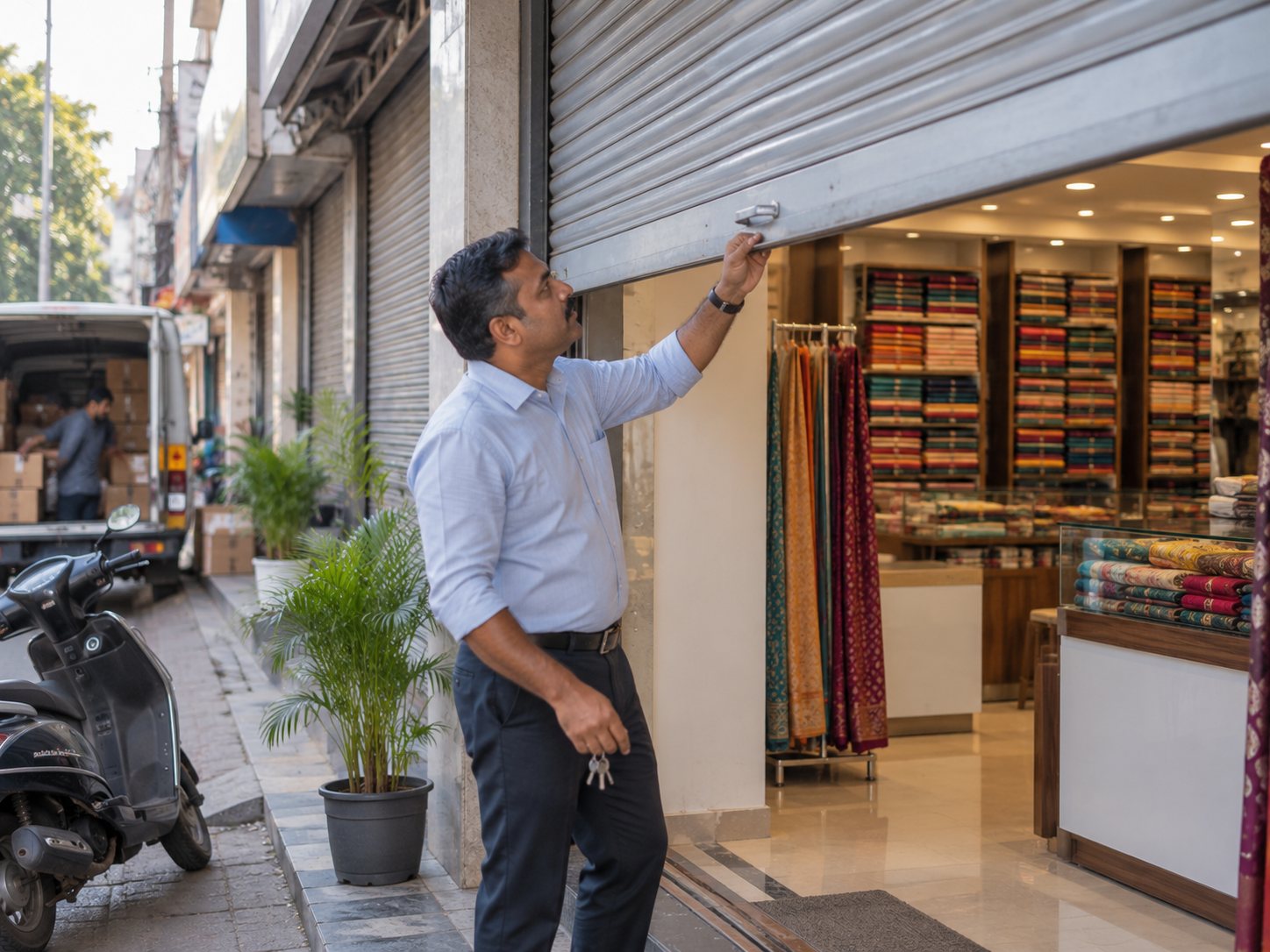 A shop owner opening the shutter of a textile store on a commercial street