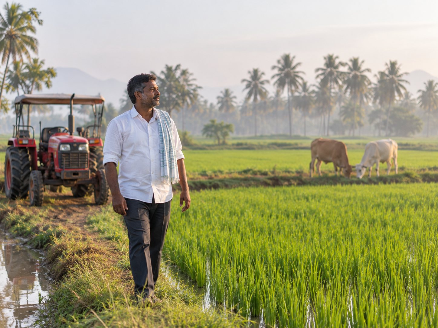 A Tamil Nadu farmer with cattle beside green fields in morning light