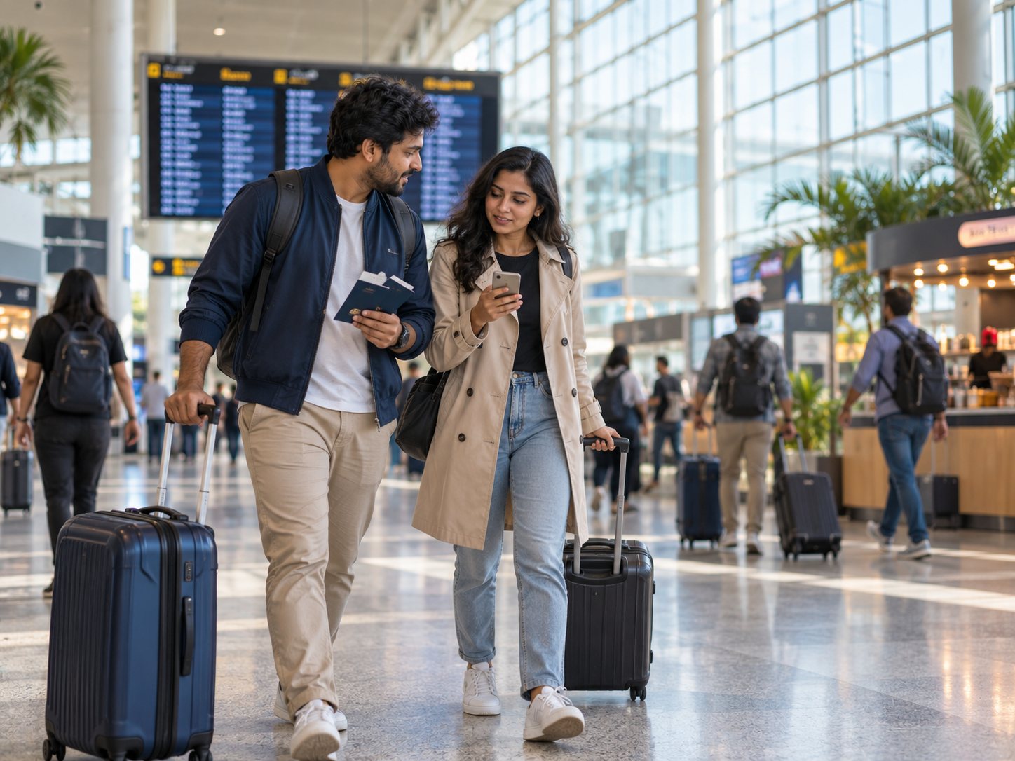 An Indian couple with luggage and passports at an airport departure hall