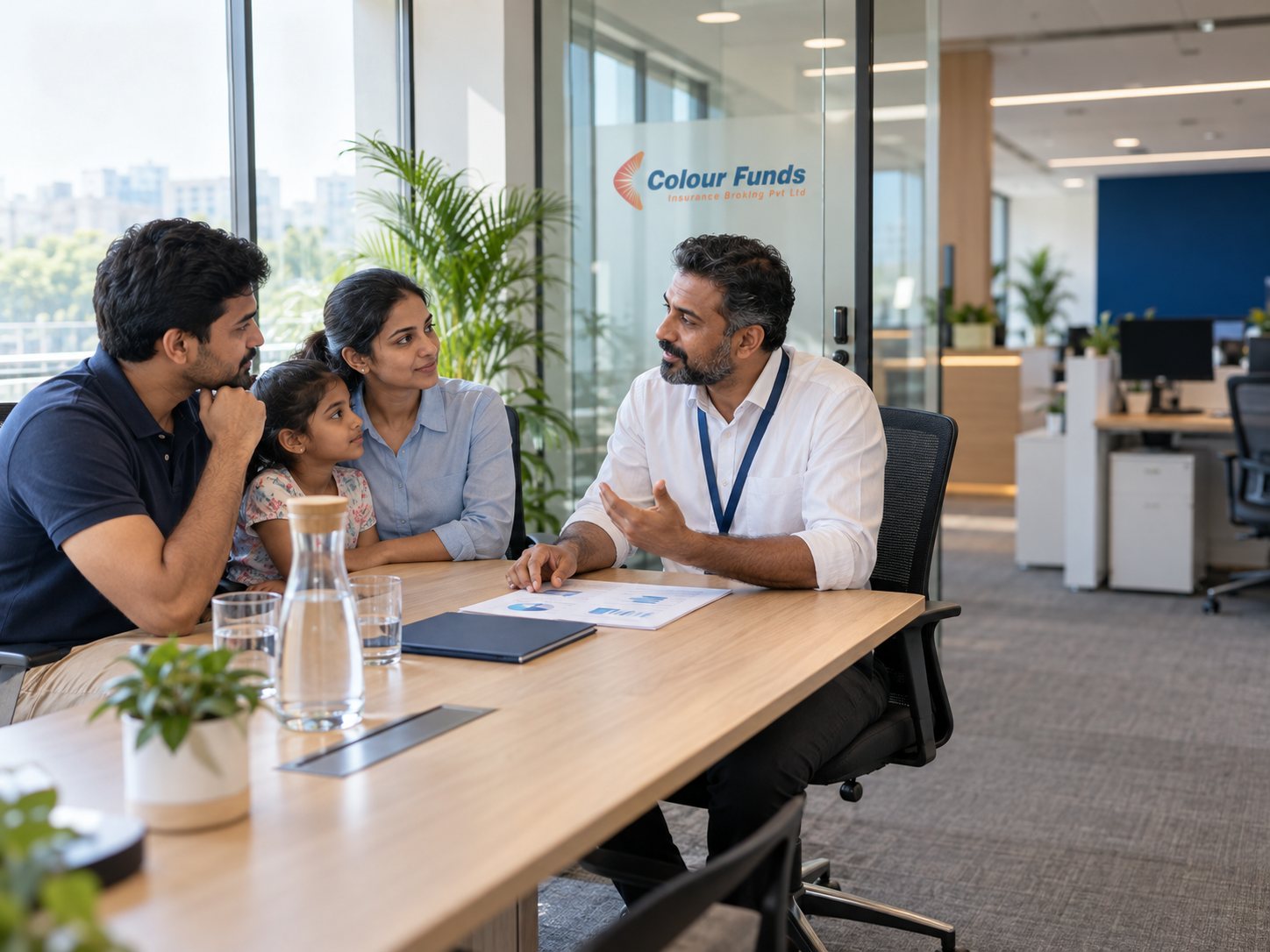 A young Indian family reviewing their insurance policy with a Colour Funds advisor