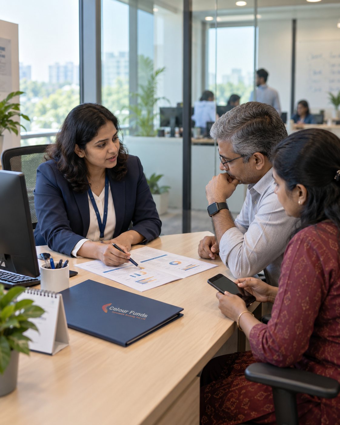 A Colour Funds advisor explaining policy options to a client across the desk